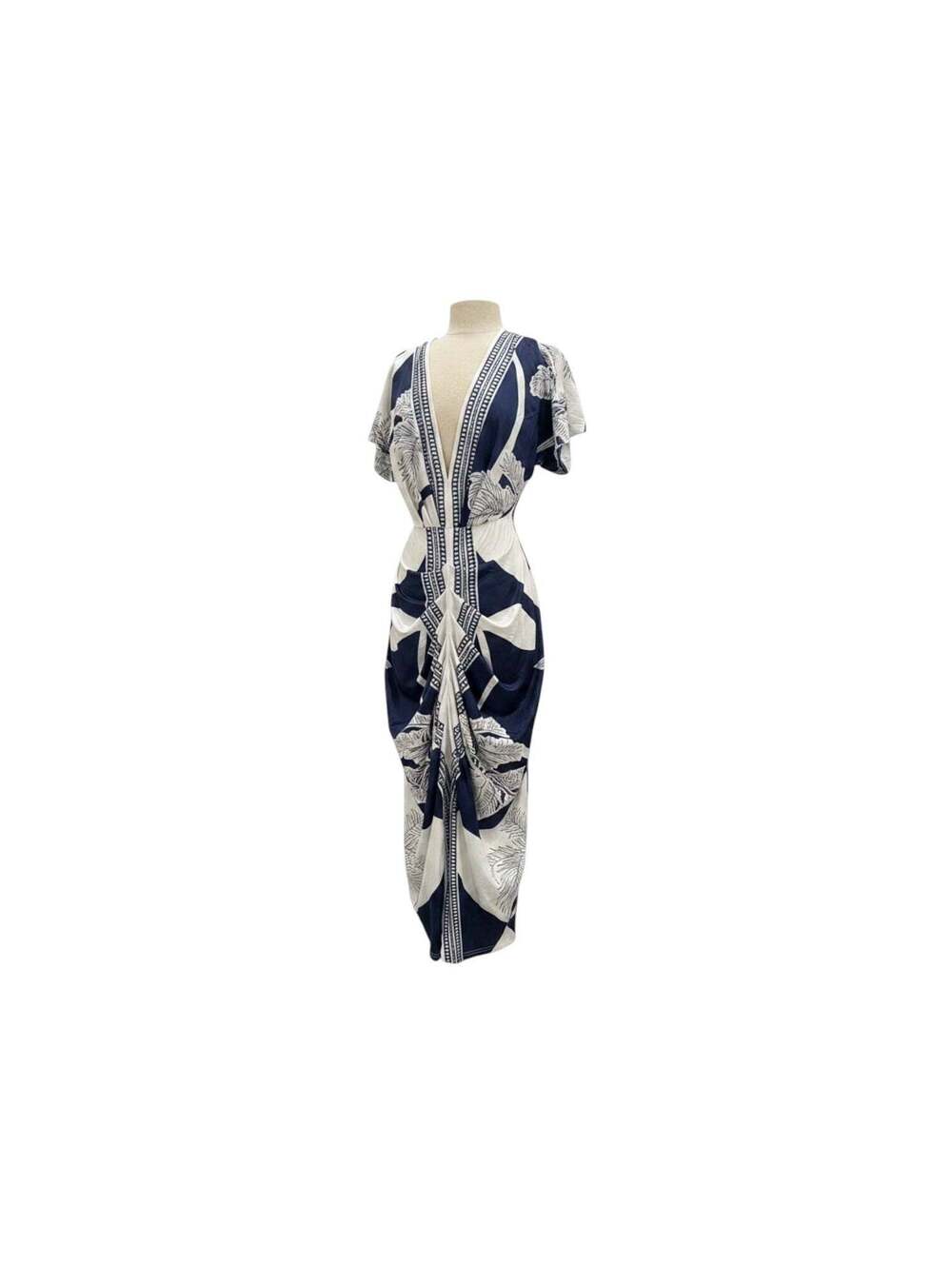Commense Navy Ivory Palm Print Deep V Maxi Dress w/ Front Slit Size M